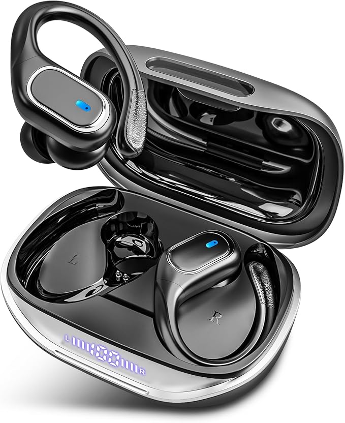 Wireless Earbuds Bluetooth 5.3 Headphones with 80H Playback, IPX7 Waterproof Over Ear Buds with LED Power Display for Sports Running Workouts Black