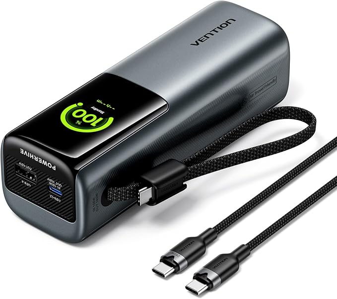 VENTION Powerhive 200W Portable Laptop Charger, 27000mAh Power Bank, Digital Display & Emoji Animation, Integrated USB-C Cable, for iPhone 16/15/14/13 Pro Max, MacBook, Dell, HP, Galaxy S24