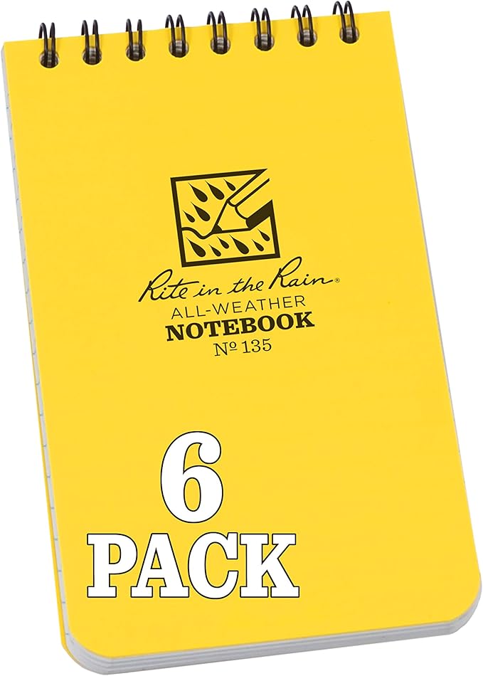 Rite in the Rain Weatherproof Top Spiral Notebook, 3" x 5", Yellow Cover, Universal Pattern, 6 Pack (No. 135L6)