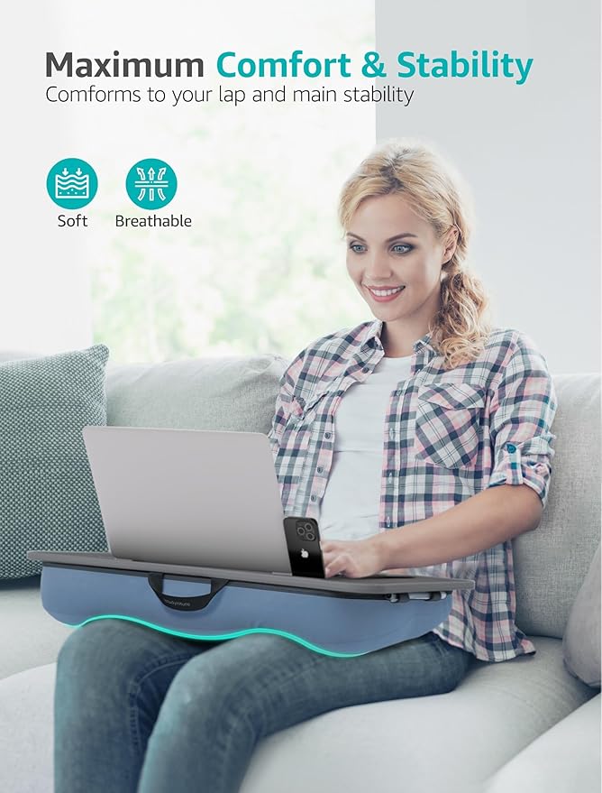 Istudyniture Lap Desk | Portable Laptop Desk & Stand – Fits Up to 17 inch – Washable Cushion, Built-in Phone Holder – for Bed, Couch, Sofa, Floor – Writing, Reading, Home Office – Large, Grayish Blue