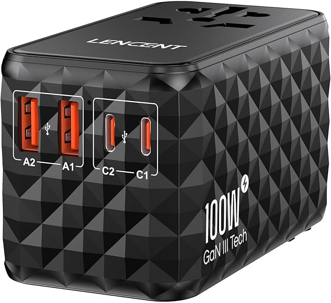 LENCENT 100W International Travel Adapter, GaN Universal Travel Adapter with 2 USB-A & 2 Type C Power Adapter, Fast Charger for Phone,Laptops, Worldwide Plug Adapter for USA/UK/EU/AUS, Black
