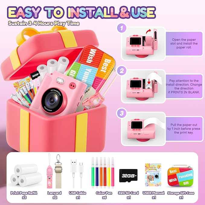 Gift for 3-12 Year Old Girls: Kids Camera Digital Instant Print 1080P Dual Camera Toys Birthday Christmas Valentines Gifts for Kid Girls Boys Ages 3 4 5 6 7 8 9 10 with 32G SD Card Storage Bag Pink
