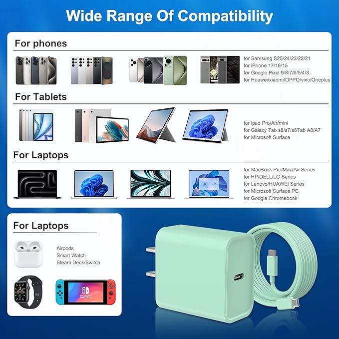 iPhone 17 16 15 Charger Fast Charging, 3 Pack PD 20W USB C Charger with 10FT Cord, USB C Cable Type C Chargers Block for iPhone 17/17 Pro/17 Pro Max/16/16 Plus/16 Pro/16 Pro Max/15/15 Pro（Green）
