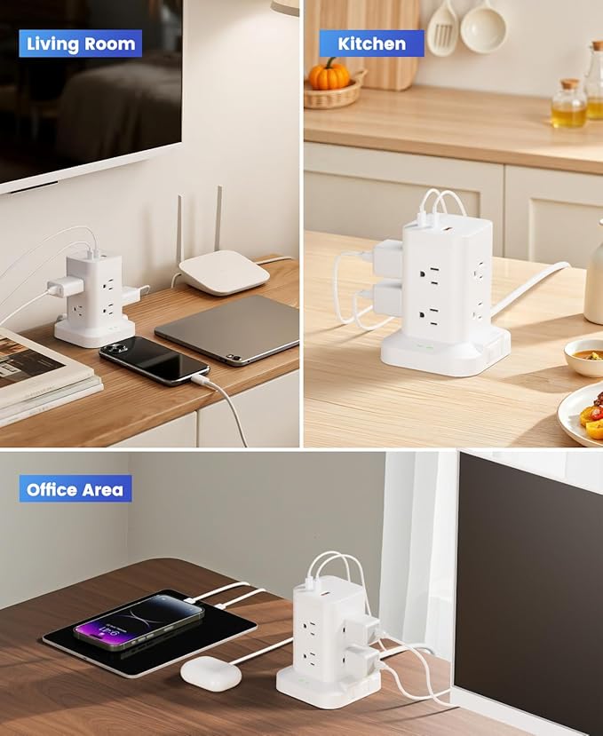 11-in-1 Power Strip Tower with Surge Protector 1800J, Fast Charging Tower PD20W USB-C Ports with 8 AC Outlets, 5ft Extension Cord for Home Office Dorm Room, White