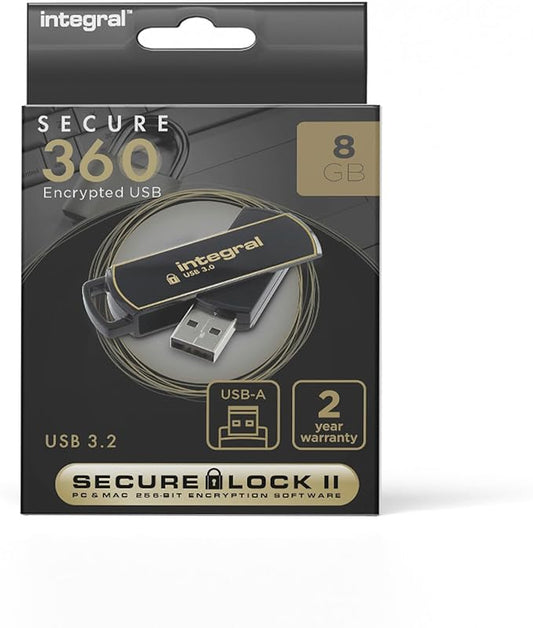 Integral 8GB Secure360 256-Bit Software Encrypted 3.0 USB Secure Flash Memory Drive - Working and Encrypted Dual Partition, Intelligent Password Attack Protection and 360 Degree Rotating casing