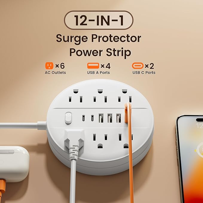 5 FT Surge Protector Power Strip, Chiefway Extension Cord with Multiple Outlets, 6 AC Outlets, 4 USB & 2 USB C, On/Off Switch, Portable Outlet Extender, Flat Plug, Wall Mountable for Office Home Dorm