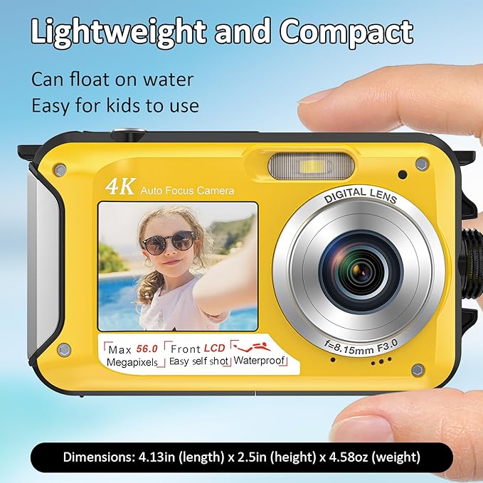 4K Digital Camera 11FT Underwater Camera with 32GB Card 56MP Autofocus Dual-Screen Selfie Waterproof Camera for Snorkeling Compact Floatable Point and Shoot Digital Camera 1250mAh Battery
