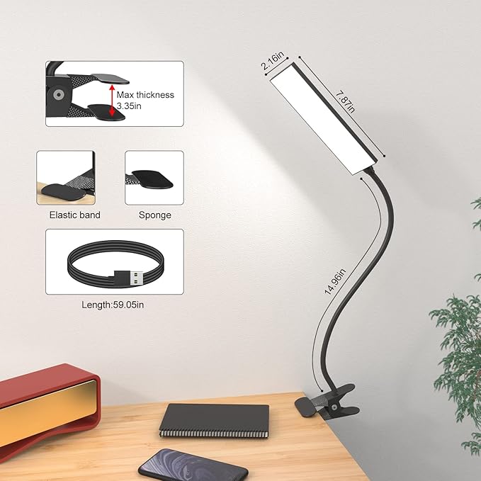 RAOYI LED Desk Lamp, 5W USB Clip on Light Eye-Caring Reading Clamp Table Lamp with 48 LEDs Flexible Gooseneck, 3 Color Modes and 14 Brightness Levels for Office Bedroom Study (Black)