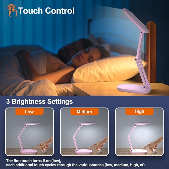 LED Desk Lamp for Office Home & Battery Operated Lamp Rechargeable Lamp Foldable & Portable Light, [2-Fold Bracket] 3 Brightness Dimmable Small Desk Lamp Wireless Reading Lamp (Pink)