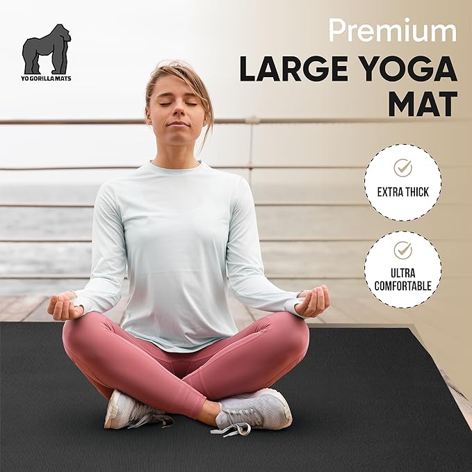 Gorilla Mats Premium Extra Large Yoga Mat – 9' x 6' x 8mm Extra Thick & Ultra Comfortable, Non-Slip Barefoot Exercise Mat – Works Great on Any Floor for Stretching, Cardio or Home Workouts