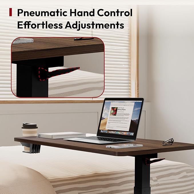 SANODESK Medical Adjustable Overbed Bedside Table with Hidden Casters, Pneumatic Mobile Laptop Computer Standing Desk Cart with Tray, Hospital and Home Use(27.6" W x 15.7" D, Walnut)