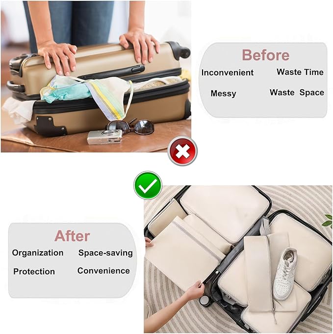 Compression Packing Cubes, 8 Set Organizers for Carry On Suitcases, Travel Essentials, Lightweight Expandable Luggage and Accessories (BEIGE)