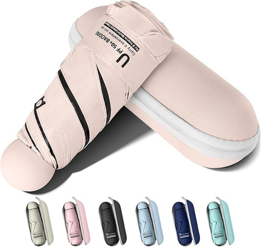 BAODINI Travel Essentials Mini Umbrella for Purse With Case Small Compact UV Sun Protection Lightweight Tiny Pocket Manual Open Close Umbrella for Women Kids and Men Fit Purse Backpack