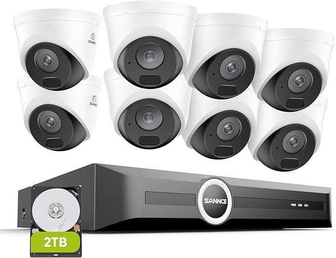 SANNCE 5MP PoE Security System, 8CH 6MP Surveillance NVR with 8PCS 5MP HD Weatherproof Dome Cameras with H.265 Video Compression, Smart IR LED, APP Push Alert, Remote Access (2TB HDD)