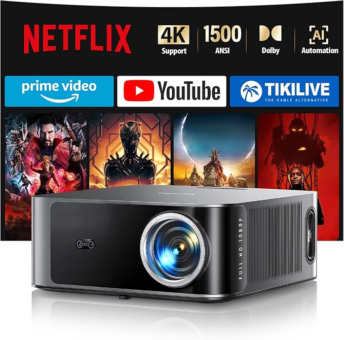 [1500 ANSI/Netflix-Licensed/36W Dolby Audio] Smart-Projector with WiFi 6 and 2-Way Bluetooth, Auto Focus & Keystone, TOPTRO X9 4K Supported Outdoor Movie Projector, Gray