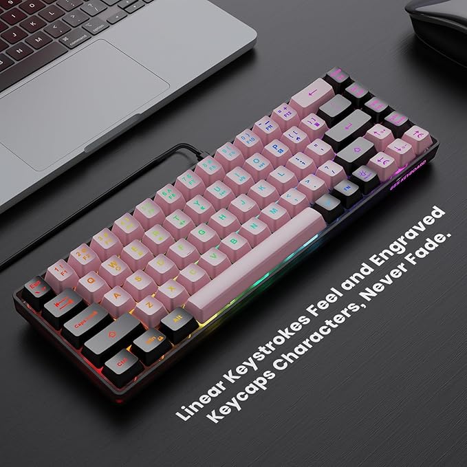 65% Wired Gaming Keyboard, LED Backlit, Ultra-Compact Anti-Ghosting No-Conflict 68 Keys Membrane Gaming Wired Keyboard for PC Laptop Windows Gamer(Pink-Black)