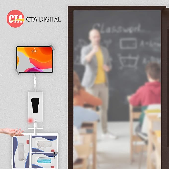 Compact Security Stand - CTA Secure Gooseneck Floor Stand with Sanitizing Station & Automatic Soap Dispenser for, iPad 7th/ 8th/ 9th Gen 10.2" & Other 7-13" Tablets (PAD-SCGSST)