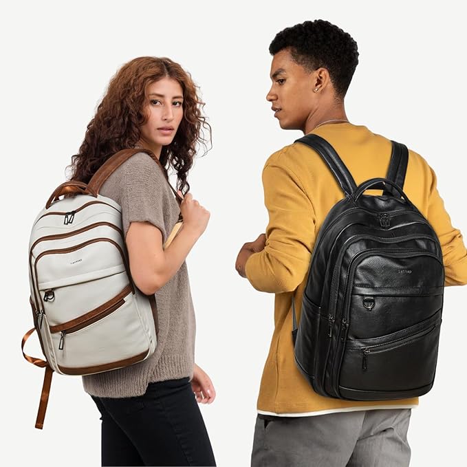 43L Backpack for Women Men - Vegan Leather Backpack Purse Travel Carry-on Bag College Bookbag Work fits 17" Laptop, Black