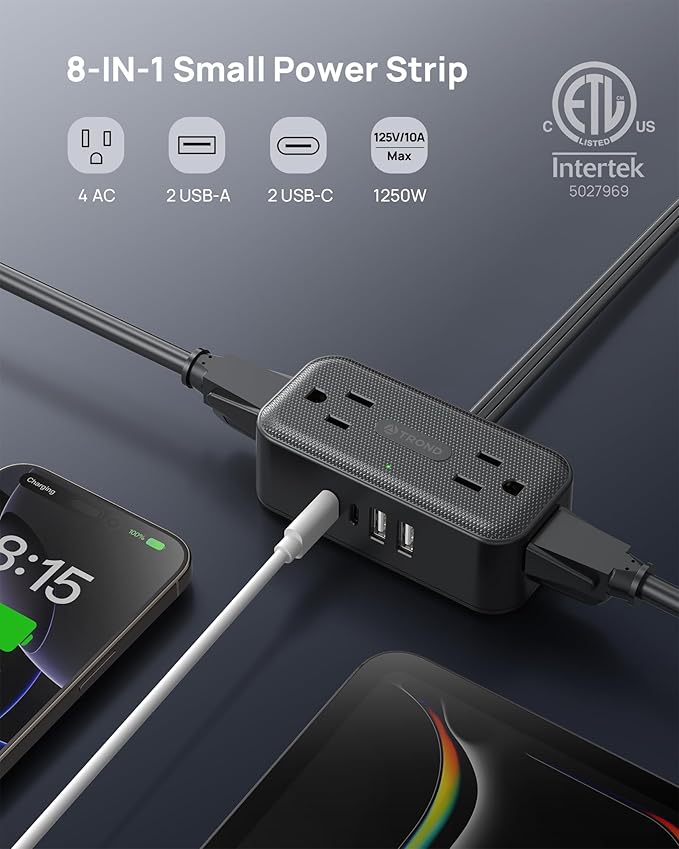 TROND 360° Rotating Flat Plug Power Strip, 5FT Extension Cord with 4 USB Ports, 4 Wide Spaced AC Outlets, Wall Mount, 900J Surge Protector for Office Travel Dorm Room Essentials, Black