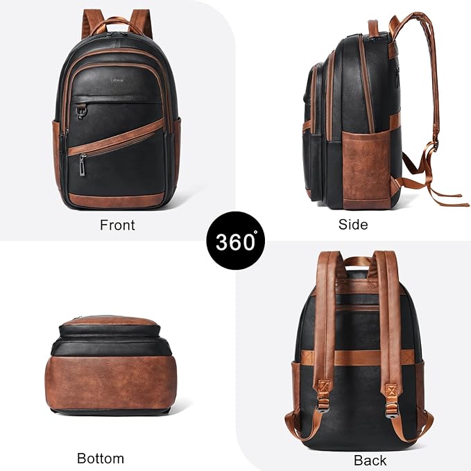 43L Backpack for Women Men - Vegan Leather Backpack Purse Travel Carry-on Bag College Bookbag Work fits 17" Laptop,Black&Brown