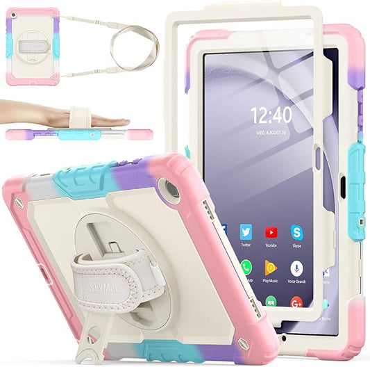 SEYMAC stock Case for Samsung Galaxy Tab A9+ Plus 11'', Full-Body Drop Protection Case with Screen Protector Pencil Holder [360° Rotating Hand Strap] &Stand, Yellowish+Pink