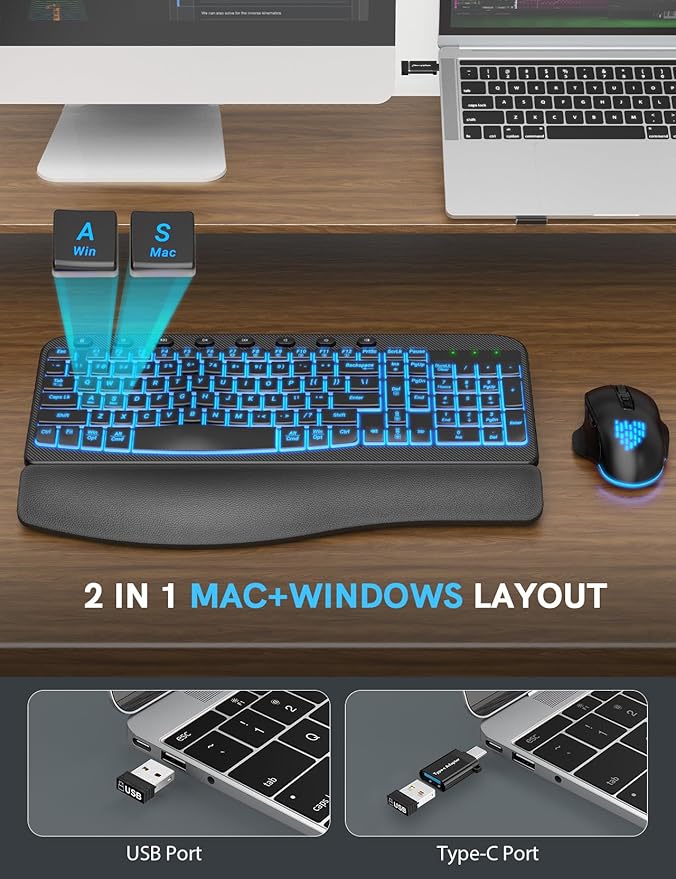 SABLUTE Ergonomic Wireless Keyboard and Mouse Combo - Wave Keyboard with Soft Leather Wrist Rest, Resistant Keys, RGB Backlit Rechargeable Set for PC/Mac/Chromebook (Black)