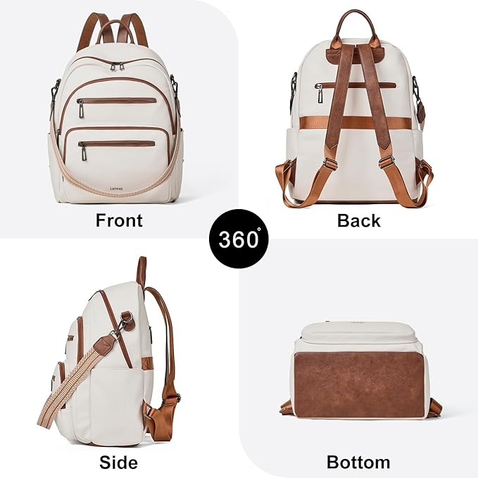 Backpack Purse for Women Laptop Backpack, Leather Travel Backpack Shoulder Bag Teacher College Daypack Work Handbag fits 14" Laptop-Beige