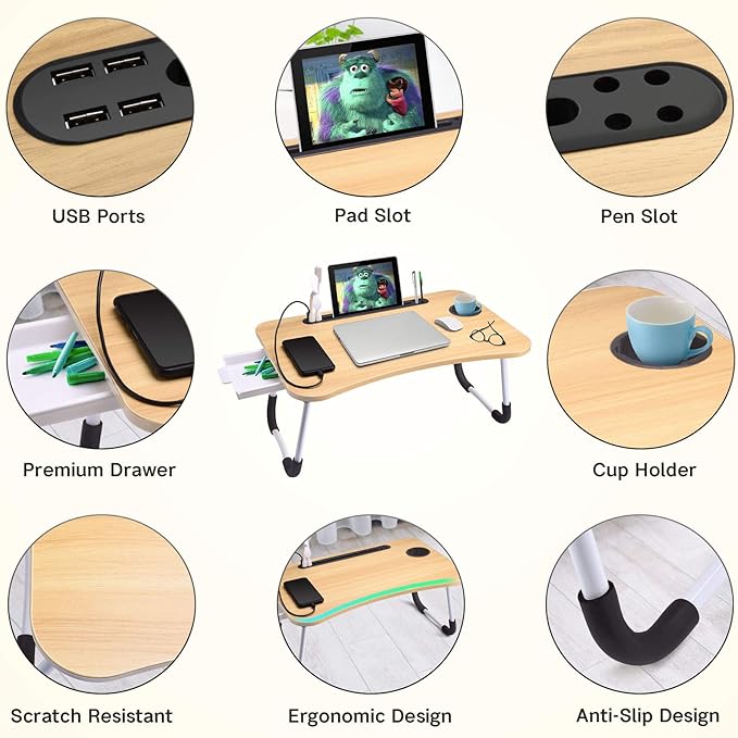 Slendor Lap Desk with Tablet Slot, Foldable Laptop Table with Storage Drawer for Bed，Portable Bed Desk for Laptop, Computer Tray with Cup Holder Notebook Stand Reading Holder for Couch Floor, Walnut