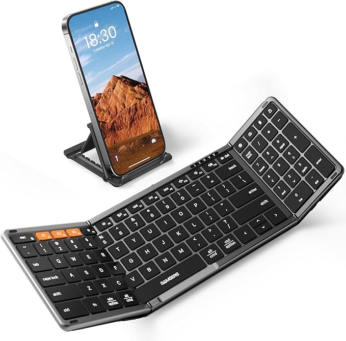 Samsers Foldable Bluetooth Keyboard with Numeric Keypad, Full-Size Wireless Folding PU Leather, Portable Travel for iOS Android Windows Mac OS, Support 3 Device(BT5.1 x 3)
