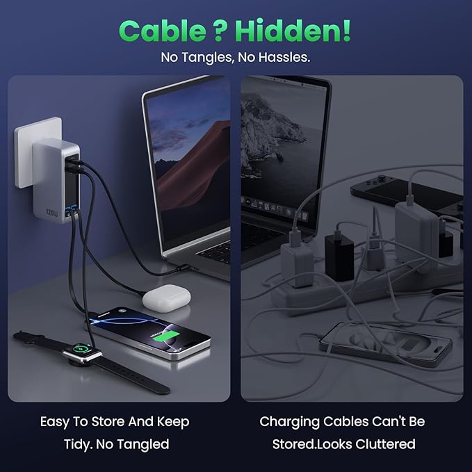 120W USB C Charger Block with 2 Built-in Retractable Cables,4-in-1 GaN IV Foldable Plug Wall Charger Fast Charging Station,PD 65W Laptop Adapter for Macbook/iPad,iPhone 16/15/14,Galaxy S24,Android etc