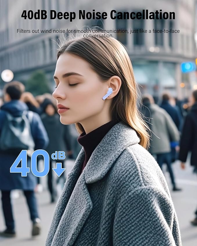 Wireless Earbuds, Bluetooth 5.4 Headphones Bass Stereo, Ear Buds with Noise Cancelling Mic, LED Display in Ear Earphones Clear Calls, IP7 Waterproof Bluetooth Earbuds for Laptop/Phones, Pale Blue