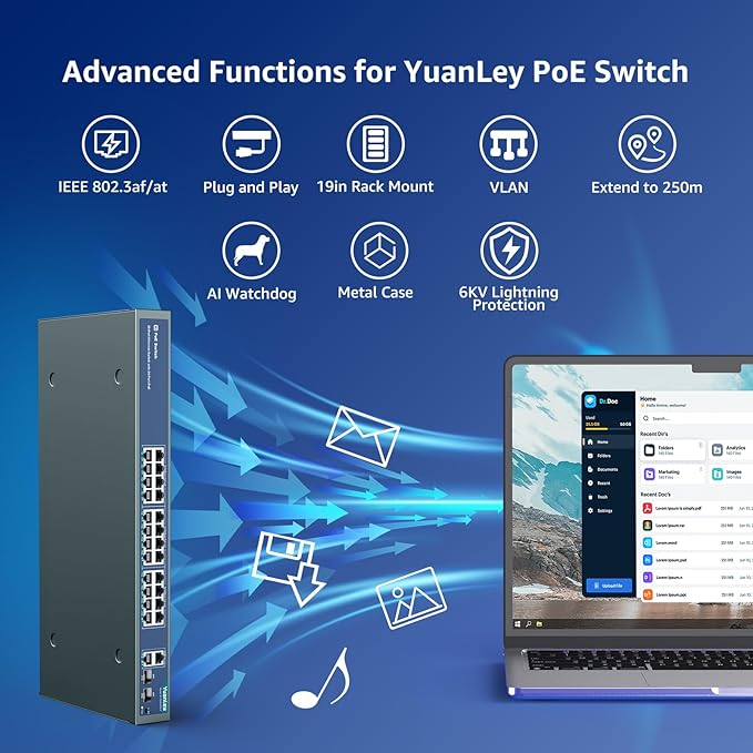 YuanLey 24 Port PoE Switch with 2 Gigabit Ethernet Uplink, 2 SFP Port, 400W PoE+ Port Support 802.3af/at, Unmanaged Network Switch with AI Watchdog, VLAN, Extend to 250m, Rackmount Plug and Play