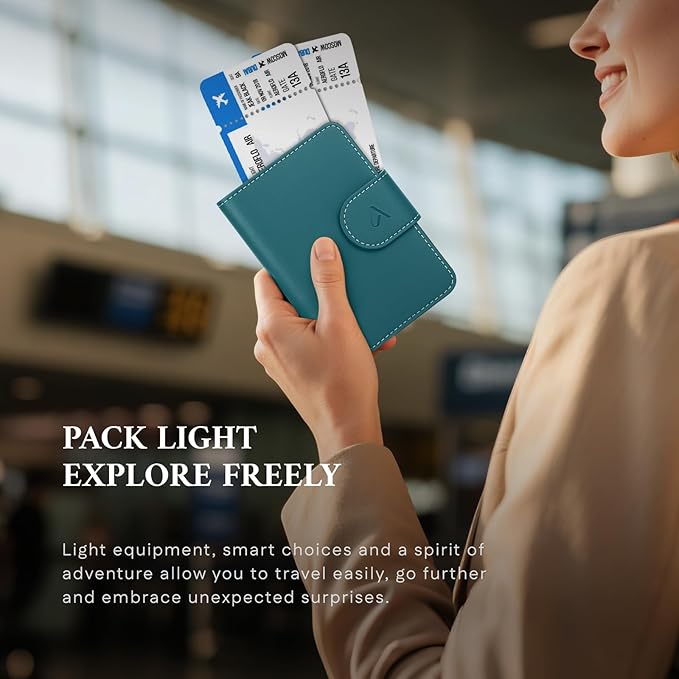 ALLIVE Rfid Passport Holder for Travel, Women & Men, Passport Cover Wallet with AirTag Hidden, Genuine Leather Passport Holder Essential for Business Travel, Airport Security (Lake Blue)