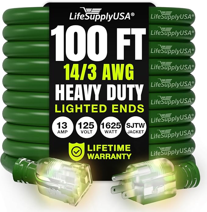 100ft Outdoor/Indoor Extension Cord 14/3 Gauge Heavy Duty 3 Prong SJTW, Waterproof, Flexible Cold-Resistant Long Power Cord,13A 125V 1625W, Green by LifeSupplyUSA
