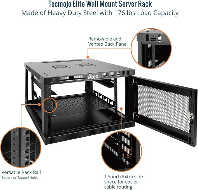 Tecmojo 6U Wall Mount Rack Cabinet, Heavy-Duty 176 Lbs High Load Capacity, 19” Enclosed Server Network Rack with Mesh Door, 17.7” Deep – Elite Collection