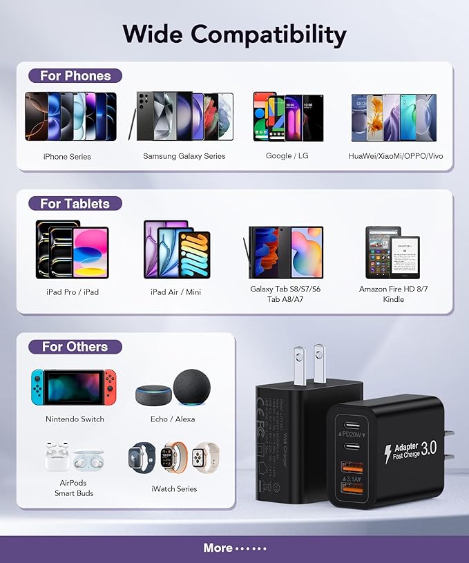 40W USB C Charger Block, 2-Pack 4-Port Type C Fast Charging Brick Dual PD&QC Wall Plug Adapter Power Brick for iPhone 13/14/15/16/17/Pro Max/Plus/iPad/Airpods/iwatch/Samsung Galaxy (Black)