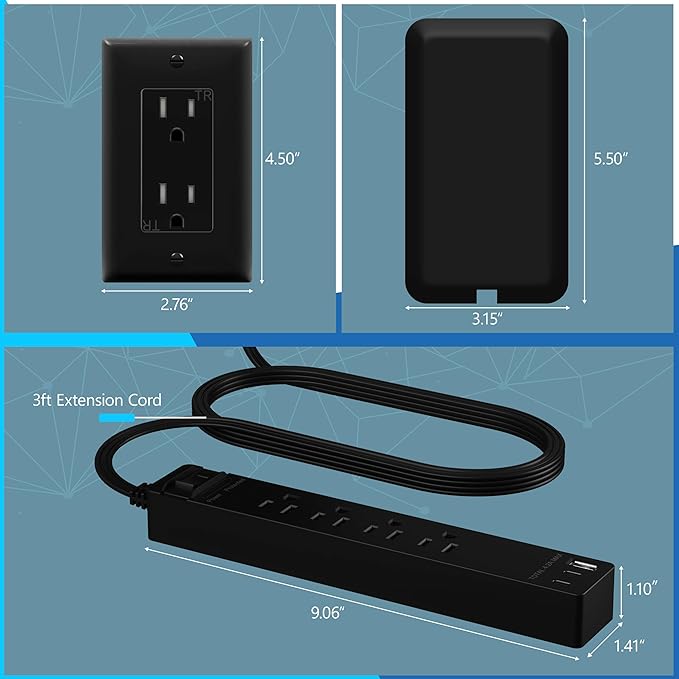 LIDER Surge Protected Outlet Extender, 4-Outlet Power Strip, 21W USB Type-A, and 2 USB Type-C Port, Ultra-Thin Wall Plate Plug with Cord Extender, Flat-Face, 5ft Cord, 1500 Joules, ETL-Listed, Black