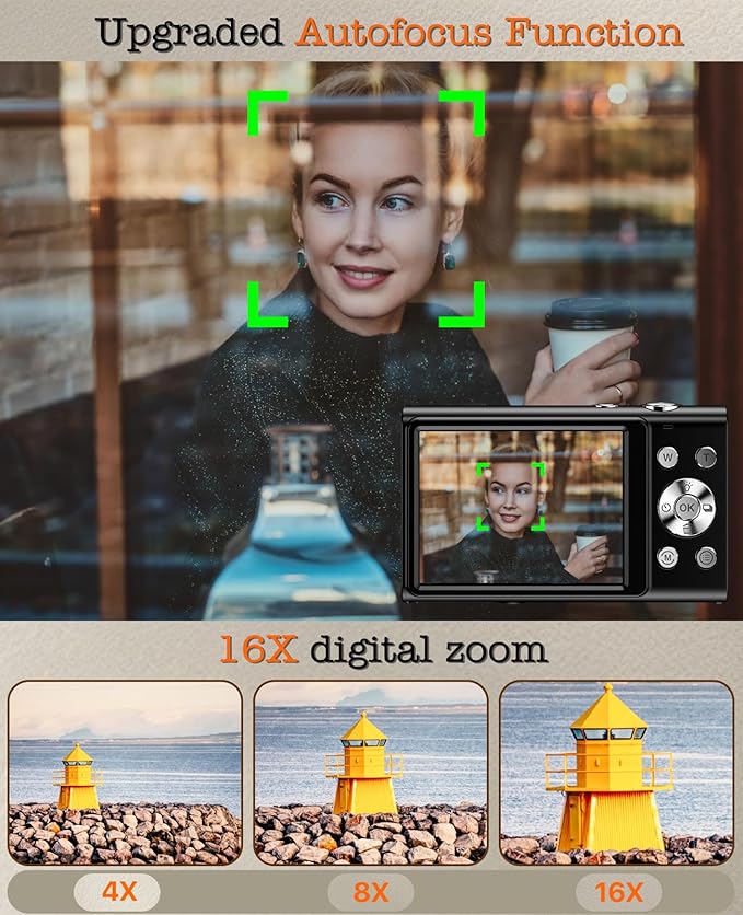 Digital Camera, 4K Vlogging Camera for YouTube Autofocus Cameras for Photography with 16X Digital Zoom, 48MP Compact Point and Shoot Digital Camera for Teens Adult with 32GB SD Card, 2 Batteries-Black