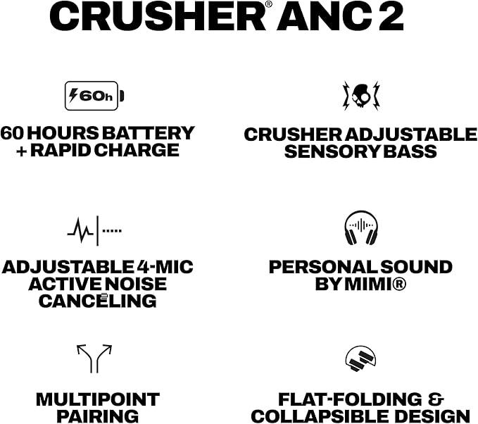 Skullcandy Crusher ANC 2 Wireless Over-Ear Bluetooth Headphones with Extra USB-C Charging Cable, Multi-Sensory Bass, Active Noise Cancelling, 60 Hours Battery, Microphone iPhone Android - Bone