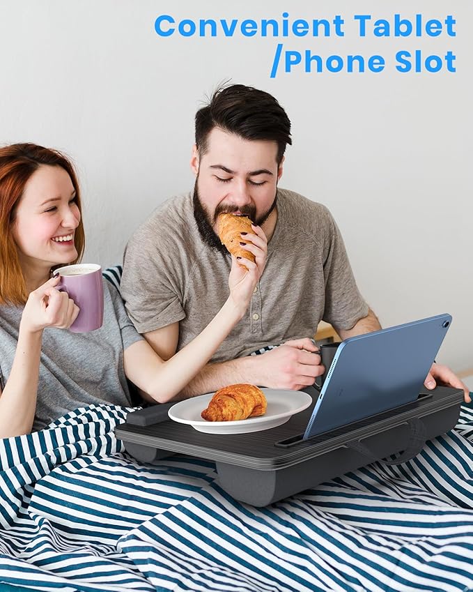 Portable Lap Desk, Laptop Stand for Bed with Soft Wrist Rest, Tablet/Phone Slot, Fabric Handle, Laptop Bed Desk with Cushion (Black)