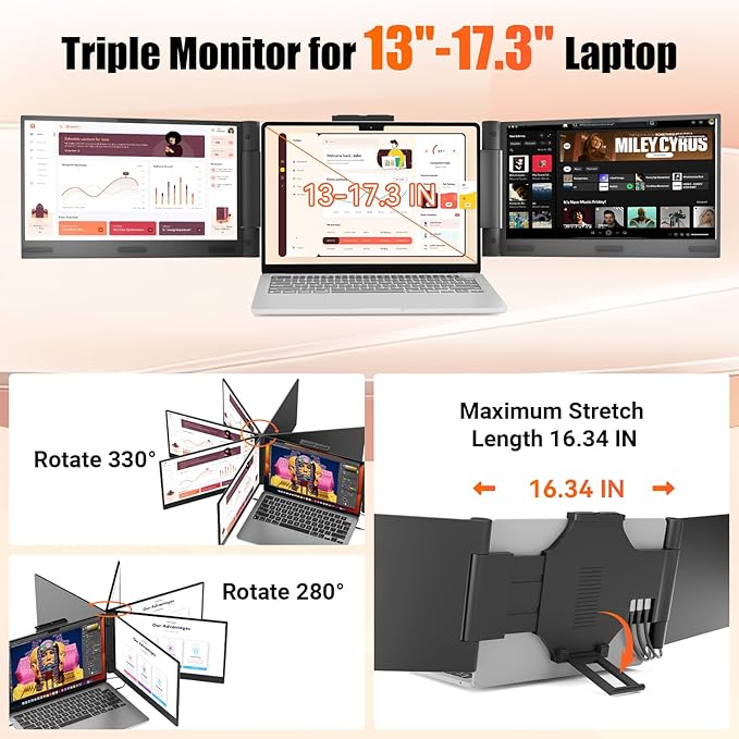Laptop Screen Extender 14 inch Laptop Monitor Extender 1080P IPS, Triple Portable Monitor for Laptops 13-17.3" with USB-C DP/HDMI Port, Plug-Play Portable Screen for Windows/Mac/Chrome/Android
