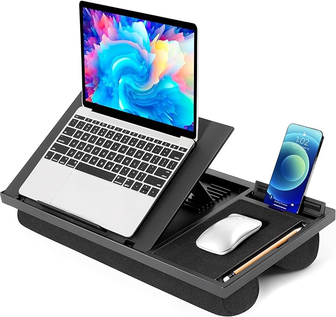 LORYERGO Adjustable Laptop Desk with Cushion, Mouse Pad & Cellphone Slot - Laptop Stand for Bed & Couch, Lap Desk for Home & Office (Black)