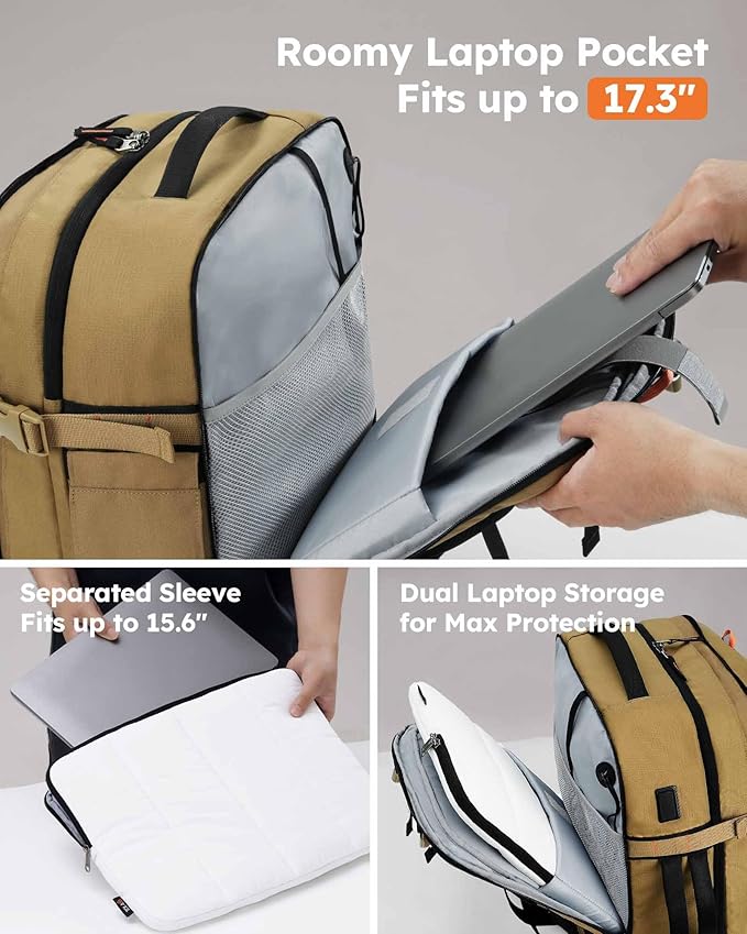 Tolaccea Travel Laptop Backpack, TSA Flight Approved Carry On Travel Duffel Backpack, Dual Laptop Storage for 17.3" and 15.6" Laptop, Large Luggage Backpack 40-45L Expandable for Men Women (Khaki)