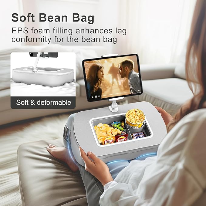 Tablet Stand Pillow with Snack Bowl, iPad Lap Holder for Hands-Free Reading and Relaxation on Bed,Couch,Recliner, 360° Rotating Clip for 4.7-13" Kindle,eBook,Tablet,iPhone (Light Gray)