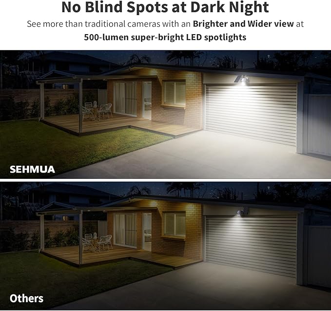 SEHMUA Solar Security Cameras Wireless Outdoor with 500-Lumen Super-Bright LEDs Spotlights, 2K 360° View Outdoor Camera Wireless, Color Night Vision, PIR Motion Detection,2-Way Audio
