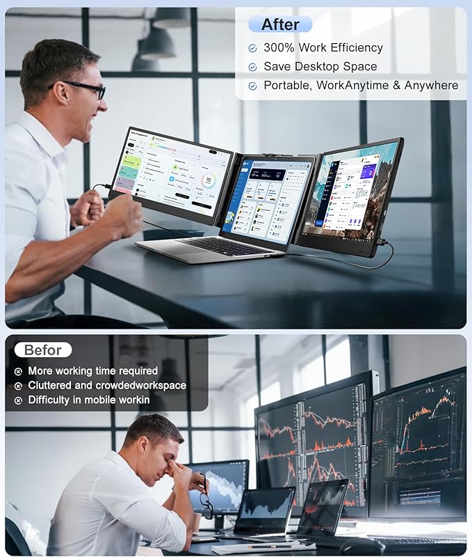 Laptop Screen Extender, 14" FHD 1080P Portable Monitor for Laptop, Plug&Play Triple Screen Extender, Auto Adjust Width Dual Monitor for 13" - 17" Laptops, Compatible with MacOS/Wins/Chrome/Dex