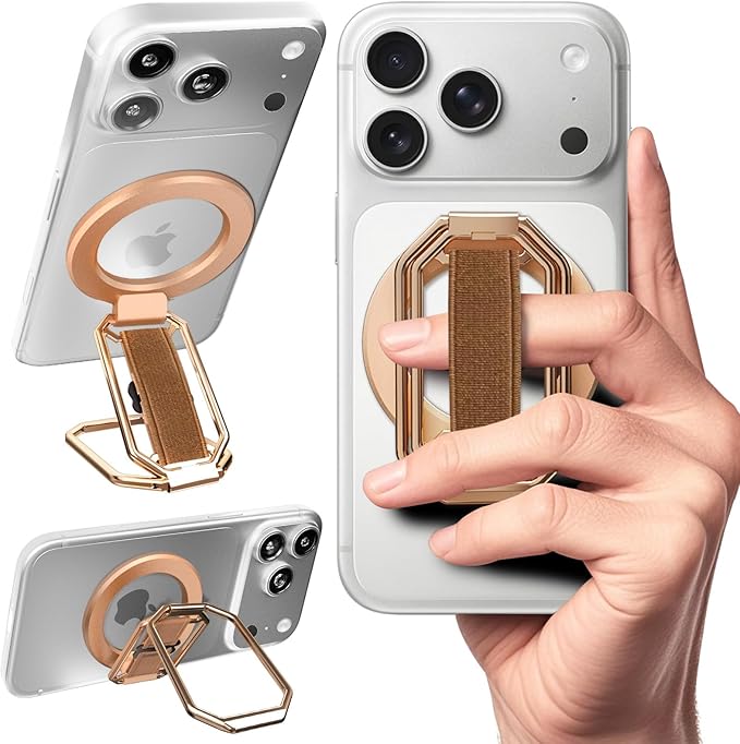 (2025 Newest) 4-in-1 Magnetic Phone Grip Stand for MagSafe with Finger Strap Loop,Removable Ring Holder for iPhone 17 Pro Max 16 15 14 13 12,Kickstand for Hands-Free View at Home Work Travel,Rose Gold