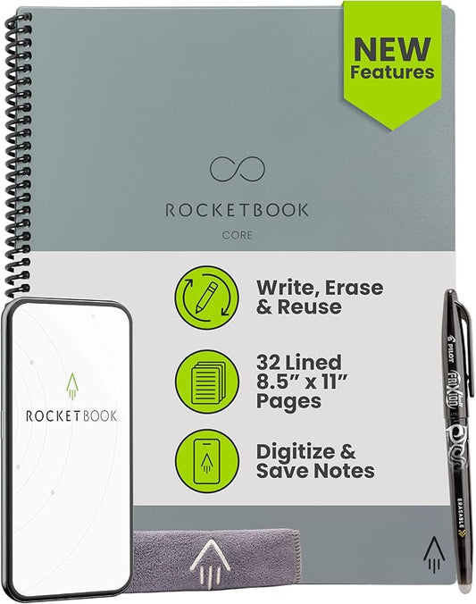 Rocketbook New Core Reusable Spiral Notebook, Letter Size 8.5x11, Gray - Lined Pages, App-Connected, Erasable, Durable Cover, Ideal for School, Work, and Creative Projects
