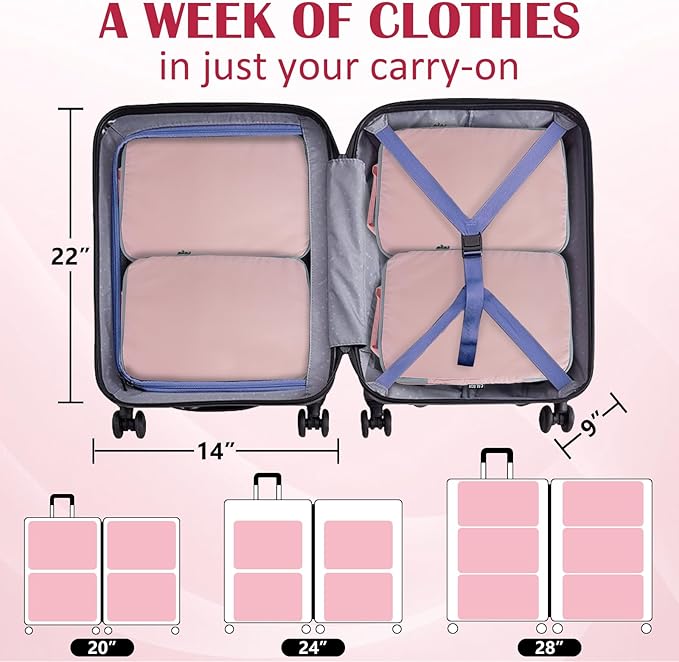 Large Compression Packing Cubes for Travel, 2 Set Compression Bags Travel Cubes for Packing Suitcase Organizer Luggage Organizer Bags Set, Pink