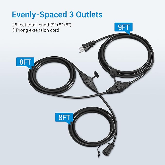 DEWENWILS 25Ft Outdoor Extension Cord Multiple Outlets, Evenly Spaced 3 Outlets Plugs with Safety Cover, 16/3 SJTW Weatherproof Wire for Outdoor String Lights and Holiday Decorations, UL Liste